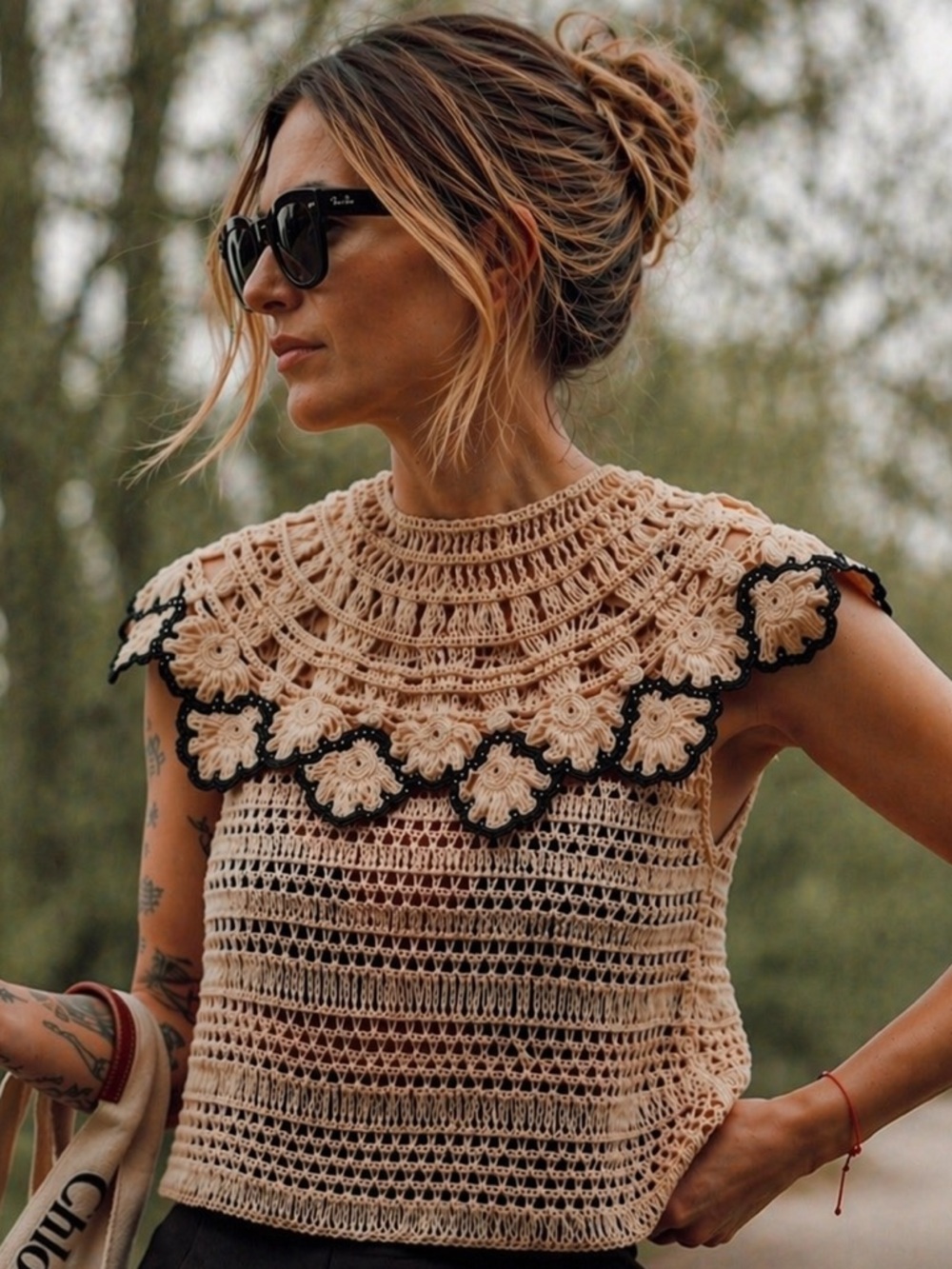 Zara Crochet Top Beige Black Collar Blogger Favorite Boho Chic Size M